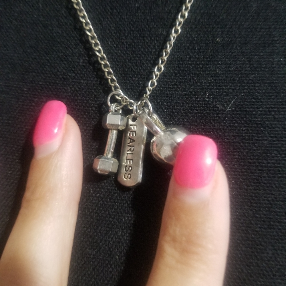 Dumbbell and kettlebell necklace